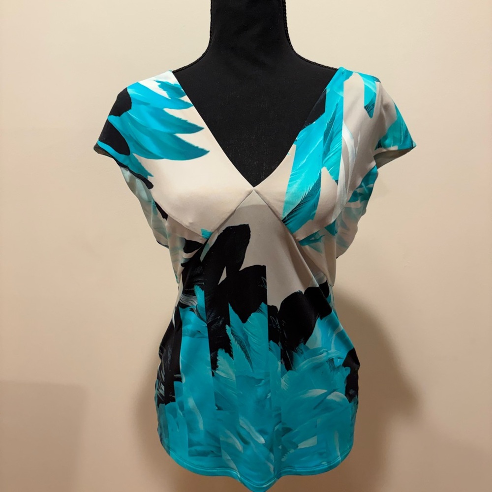 Roberto Cavalli Turquoise, Black & White Brushstroke V-Neck Top